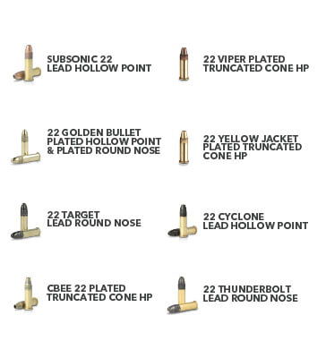 subsonic 22 lead hollow point, 22 viper plated truncated cone hp, 22 golden bullet plated hollow point and plated round nose, 22 yellow jacket plated truncated cone hp, 22 target lead round nose, 22 cyclone lead hollow point, cbee 22 plated truncated cone hp, 22 thunderbolt lead round nose cartridges