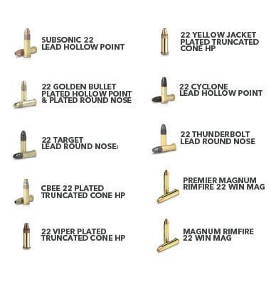 subsonic 22 lead hollow point, 22 yellow jacket plated truncated cone hp, 22 golden bullet plated hollow point and plated round nose, 22 cyclone lead hollow point, 22 target lead round nose, 22 thunderbolt lead round nose, cbee 22 plated truncated cone hp, premier magnum rimfire 22 win mag, 22 viper plated truncated cone hp, magnum rimfire 22 win mag cartridges