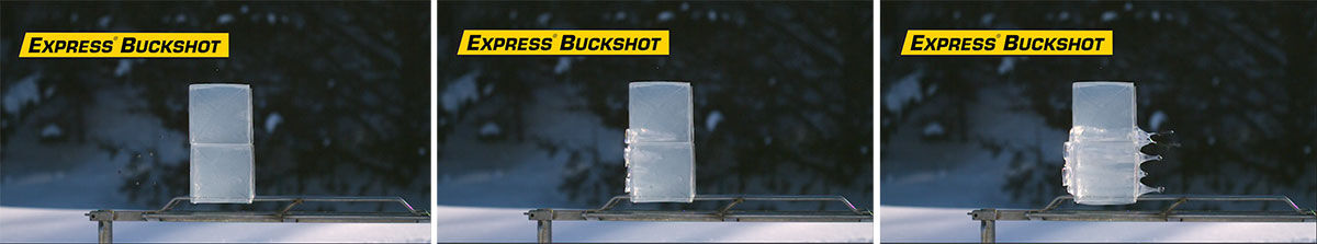 3 Images of a gel block being shot by Express Buckshot