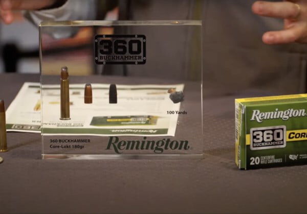 360 Buckhammer Core-Lokt box with cartridge and bullet in resin display